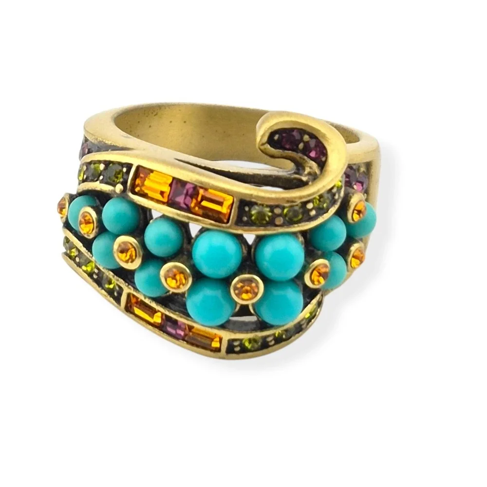 Heidi Daus Faux Turquoise Crystal Ribbon Cocktail Ring Bronzetone Sz10 Art Deco